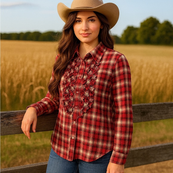 Extra long Costa Blanca red Plaid /  chest ruffle /  button down / feminine - Picture 1 of 6